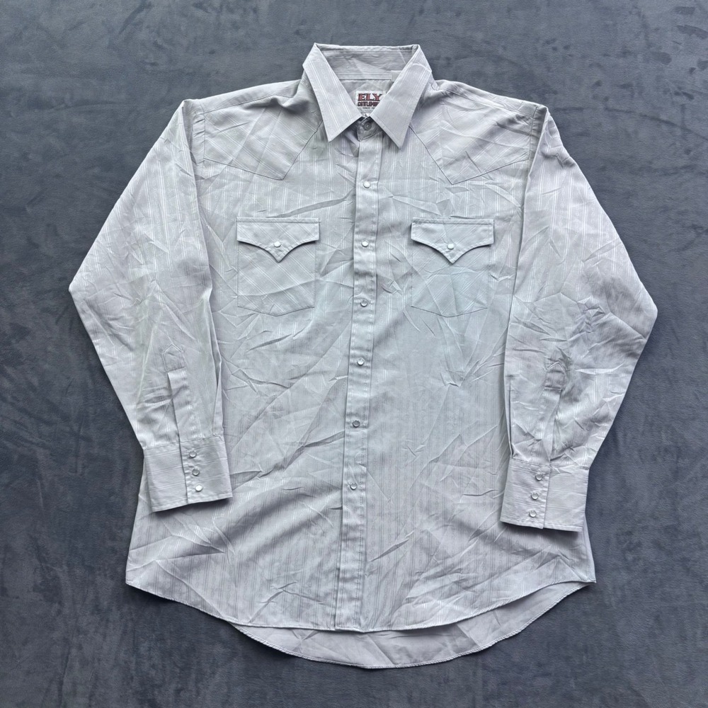 Ely Cattleman Mens Gray Jacquard Stripe Western Pearl Snap Shirt 17 34 L/S